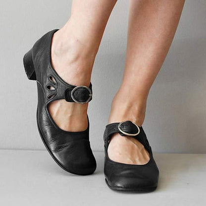 Women's Leather Mary Jane Pumps – Low Block Heel Buckle Strap Shoes