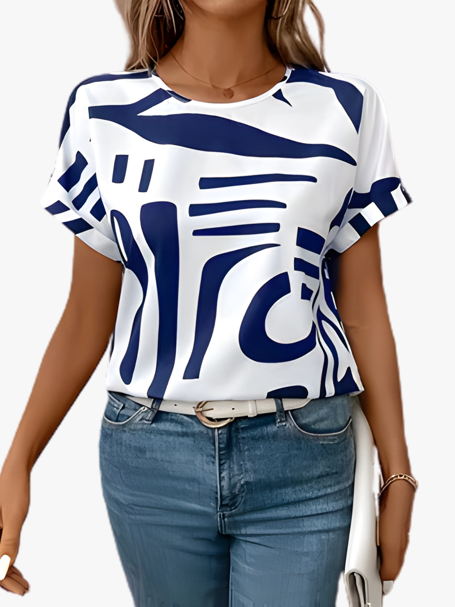 Abstract Print Crewneck Top – Short Sleeve Navy Blue Graphic Tee
