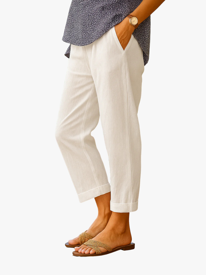 Linen Cropped Trousers – Straight Leg Elastic Waist Cuffed Pants