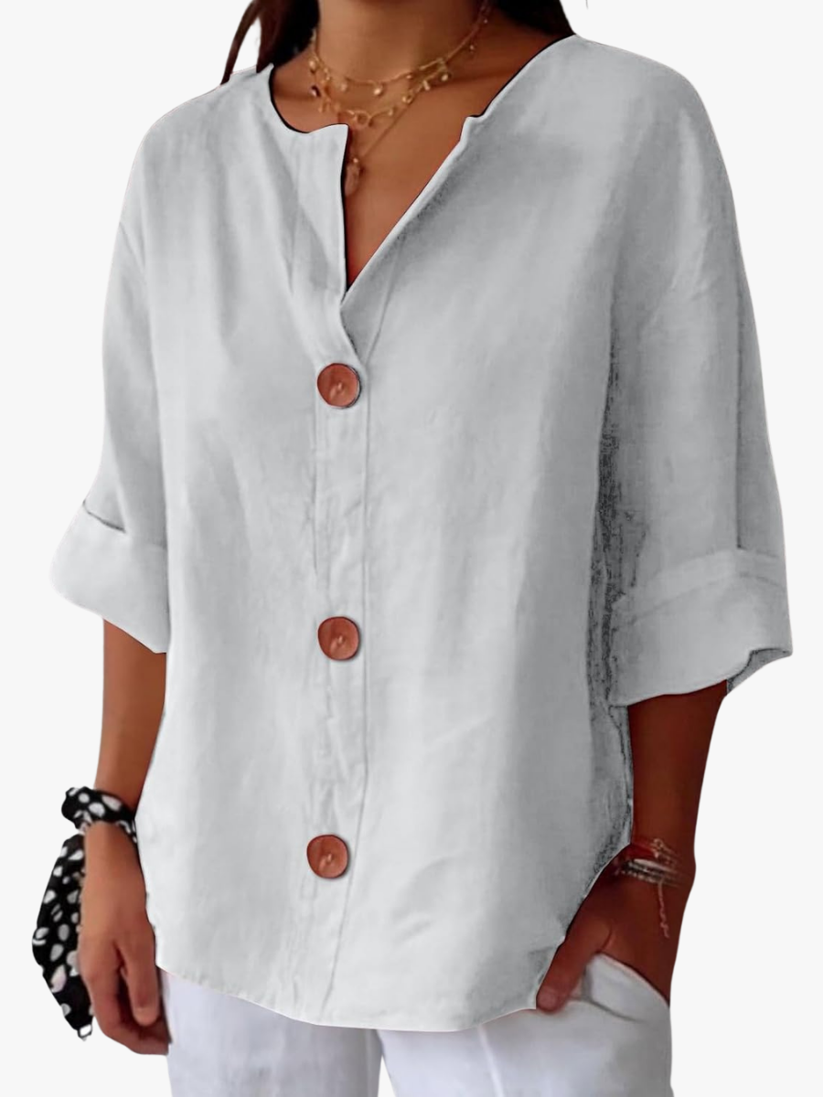 Linen Cotton Button-Front Blouse – V-Neck Relaxed Fit