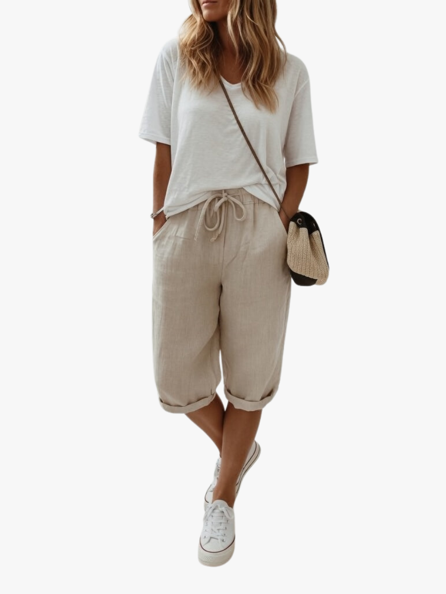 Cotton Linen Capri Pants – Wide Leg Drawstring Cuffed Summer