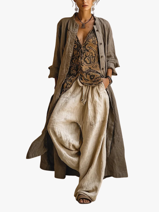 Linen 3-Piece Set Women – Printed Top Wide-Leg Pants Duster Coat