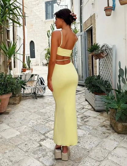 Backless Bodycon Maxi Dress – Spaghetti Strap Cut-Out Waist