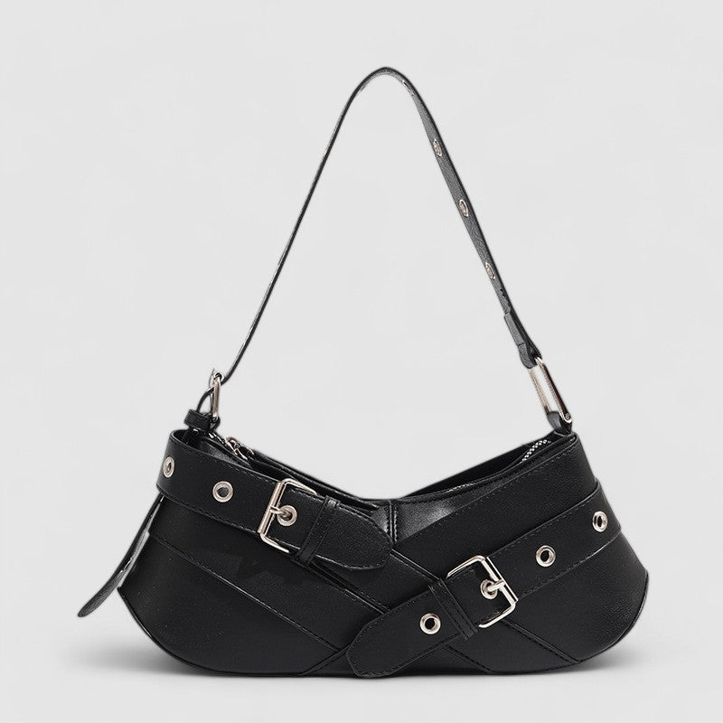 Vegan Leather Buckle Shoulder Bag – Edgy Baguette Purse with Eyelet Strap