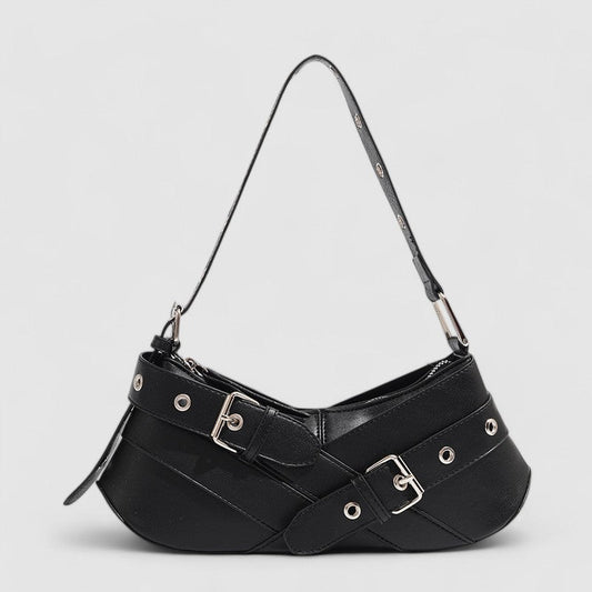 Vegan Leather Buckle Shoulder Bag – Edgy Baguette Purse with Eyelet Strap