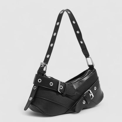 Vegan Leather Buckle Shoulder Bag – Edgy Baguette Purse with Eyelet Strap