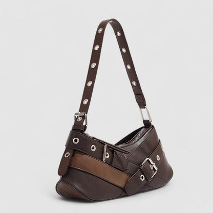 Vegan Leather Buckle Shoulder Bag – Edgy Baguette Purse with Eyelet Strap
