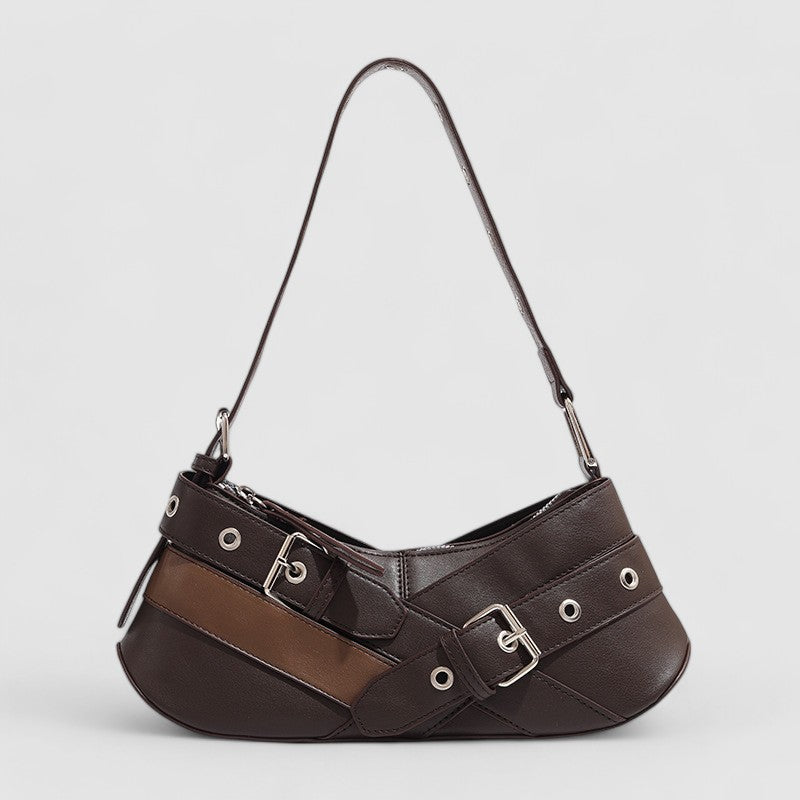 Vegan Leather Buckle Shoulder Bag – Edgy Baguette Purse with Eyelet Strap