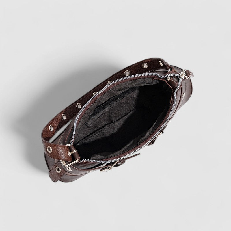 Vegan Leather Buckle Shoulder Bag – Edgy Baguette Purse with Eyelet Strap