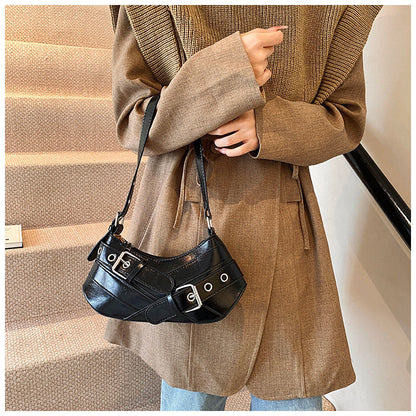 Vegan Leather Buckle Shoulder Bag – Edgy Baguette Purse with Eyelet Strap