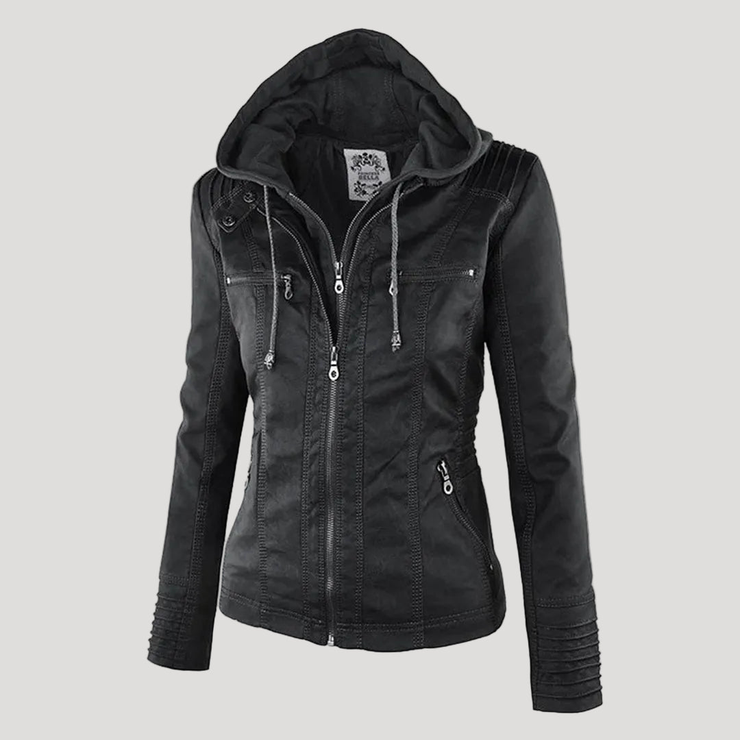 Faux Leather Moto Jacket Women – Removable Hood Zip-Up Biker Jacket