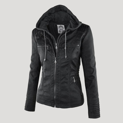 Faux Leather Moto Jacket Women – Removable Hood Zip-Up Biker Jacket