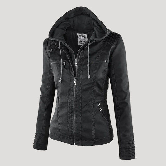 Faux Leather Moto Jacket Women – Removable Hood Zip-Up Biker Jacket