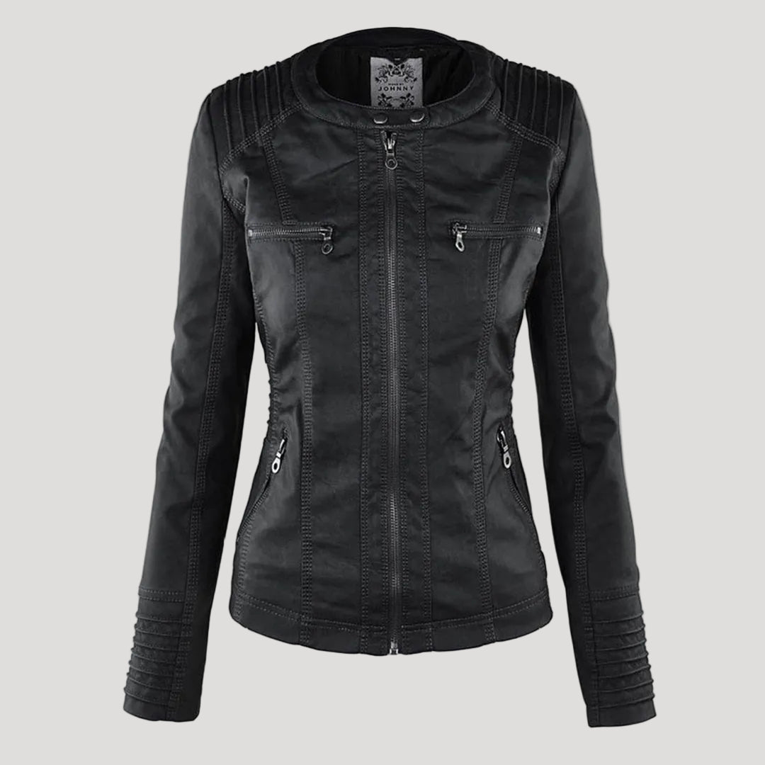 Faux Leather Moto Jacket Women – Removable Hood Zip-Up Biker Jacket