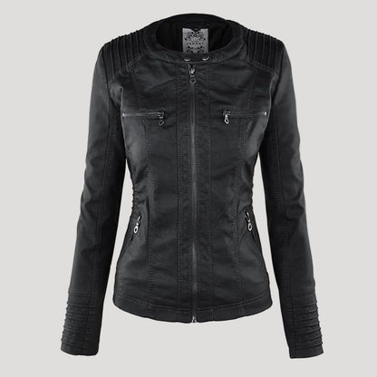 Faux Leather Moto Jacket Women – Removable Hood Zip-Up Biker Jacket