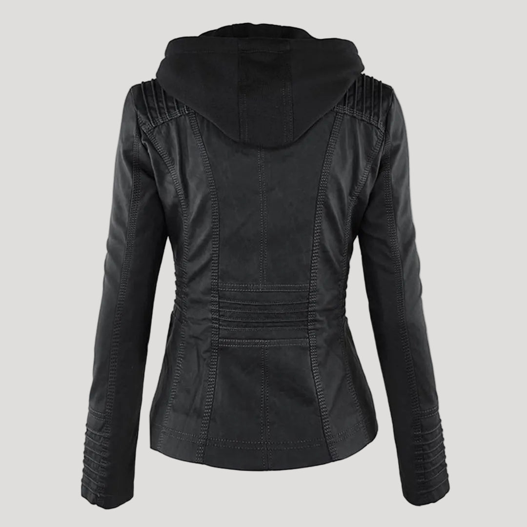Faux Leather Moto Jacket Women – Removable Hood Zip-Up Biker Jacket