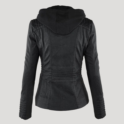 Faux Leather Moto Jacket Women – Removable Hood Zip-Up Biker Jacket