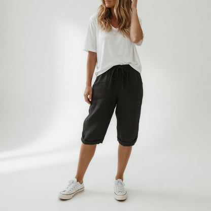 Cotton Linen Capri Pants – Wide Leg Drawstring Cuffed Summer