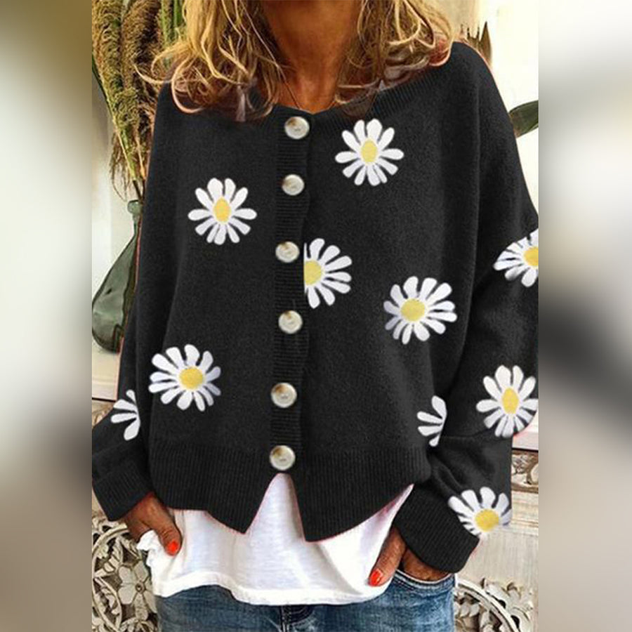 Daisy Floral Knit Cardigan – Button-Down Long Sleeve Sweater