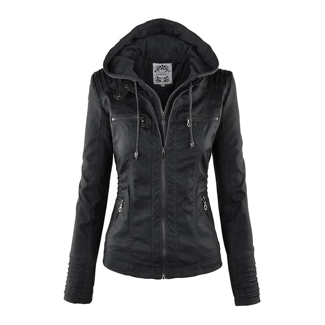 Faux Leather Moto Jacket Women – Removable Hood Zip-Up Biker Jacket