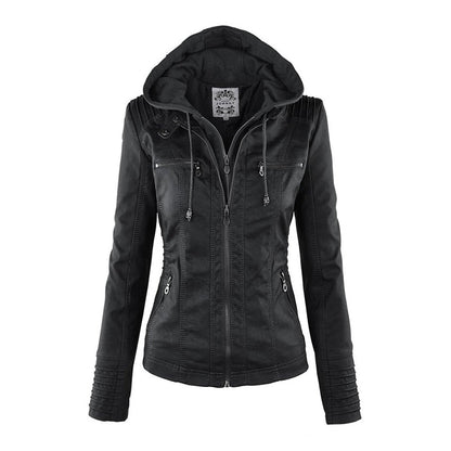 Faux Leather Moto Jacket Women – Removable Hood Zip-Up Biker Jacket