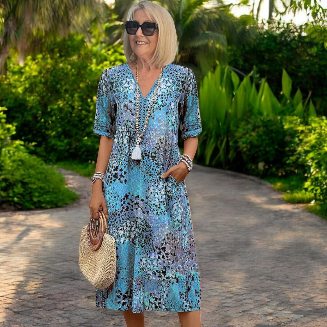 Boho Print Midi Dress – V-Neck Short Sleeve A-Line Summer Dress