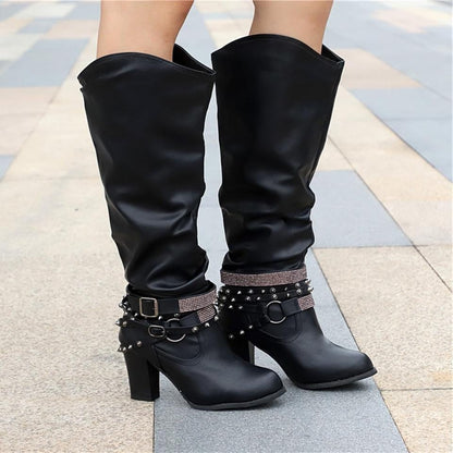 Slouchy Knee High Block Heel Boots – Studded Buckle Strap Western Style