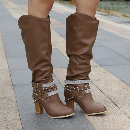 Slouchy Knee High Block Heel Boots – Studded Buckle Strap Western Style
