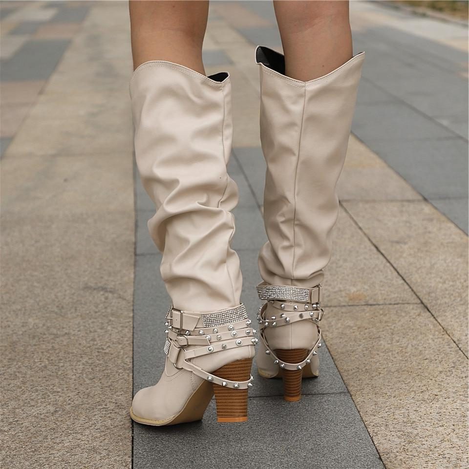 Slouchy Knee High Block Heel Boots – Studded Buckle Strap Western Style