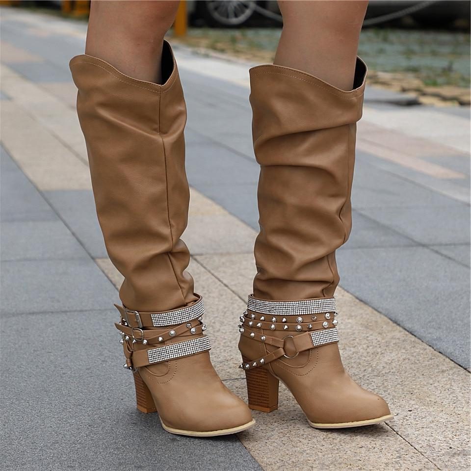 Slouchy Knee High Block Heel Boots – Studded Buckle Strap Western Style