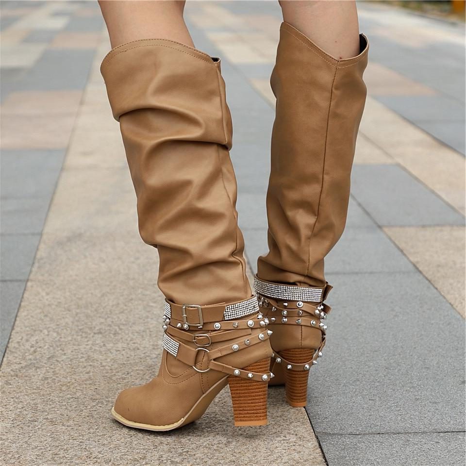 Slouchy Knee High Block Heel Boots – Studded Buckle Strap Western Style