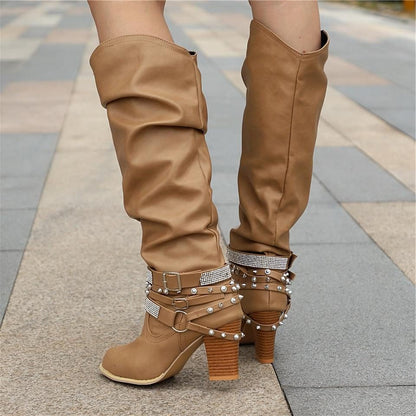 Slouchy Knee High Block Heel Boots – Studded Buckle Strap Western Style