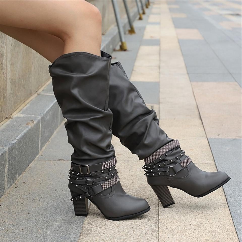 Slouchy Knee High Block Heel Boots – Studded Buckle Strap Western Style