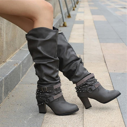 Slouchy Knee High Block Heel Boots – Studded Buckle Strap Western Style