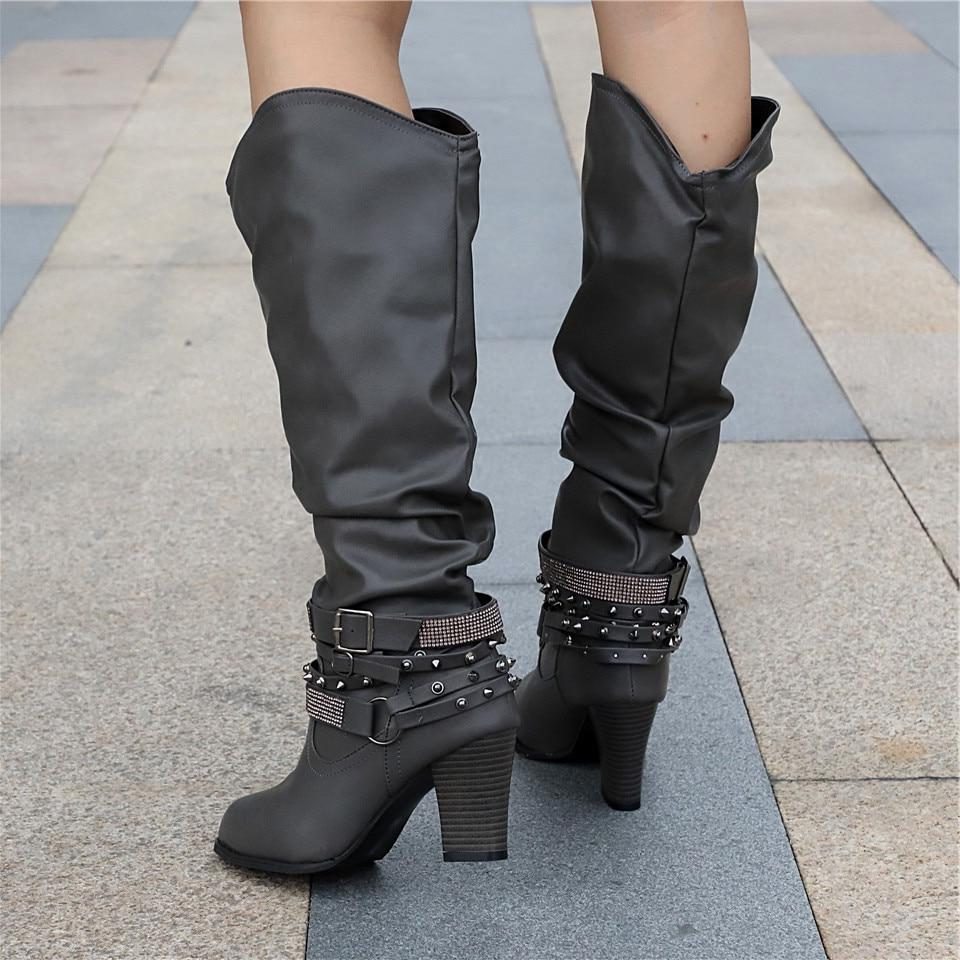 Slouchy Knee High Block Heel Boots – Studded Buckle Strap Western Style