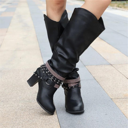 Slouchy Knee High Block Heel Boots – Studded Buckle Strap Western Style