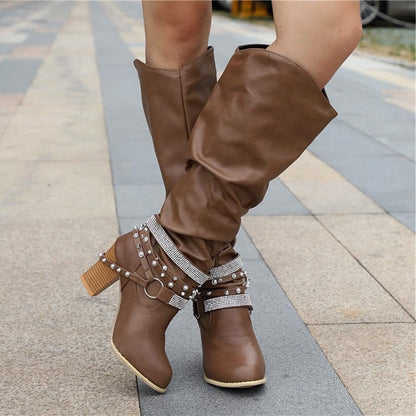 Slouchy Knee High Block Heel Boots – Studded Buckle Strap Western Style