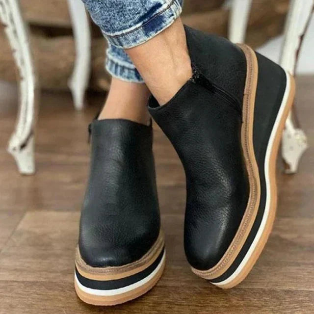 Platform Wedge Ankle Boots – Round Toe Side Zipper Booties