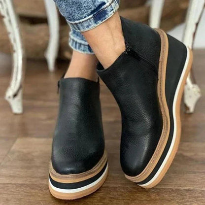 Platform Wedge Ankle Boots – Round Toe Side Zipper Booties