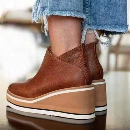 Platform Wedge Ankle Boots – Round Toe Side Zipper Booties
