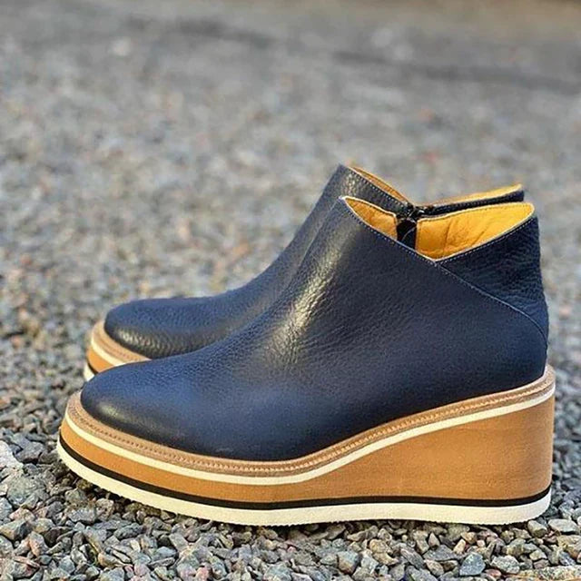 Platform Wedge Ankle Boots – Round Toe Side Zipper Booties