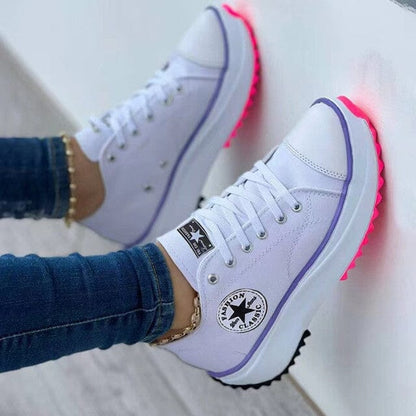 Women's Canvas Platform Sneakers – Lace-Up Low Top Star Patch