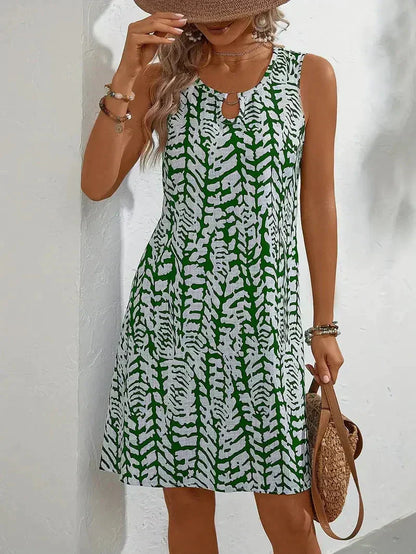 Abstract Print Sleeveless Swing Dress – Keyhole Neck Summer Dress