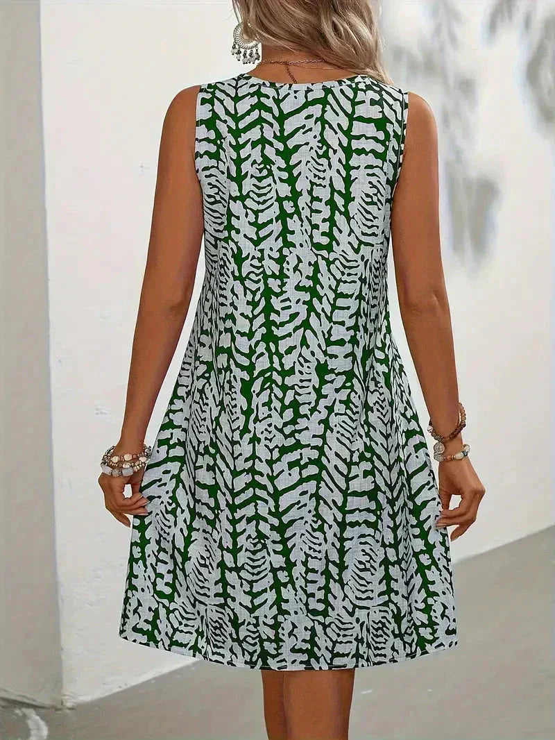 Abstract Print Sleeveless Swing Dress – Keyhole Neck Summer Dress