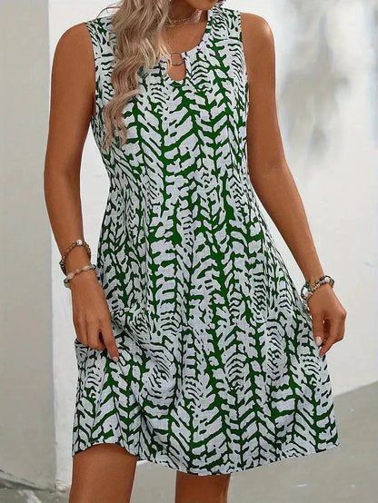 Abstract Print Sleeveless Swing Dress – Keyhole Neck Summer Dress
