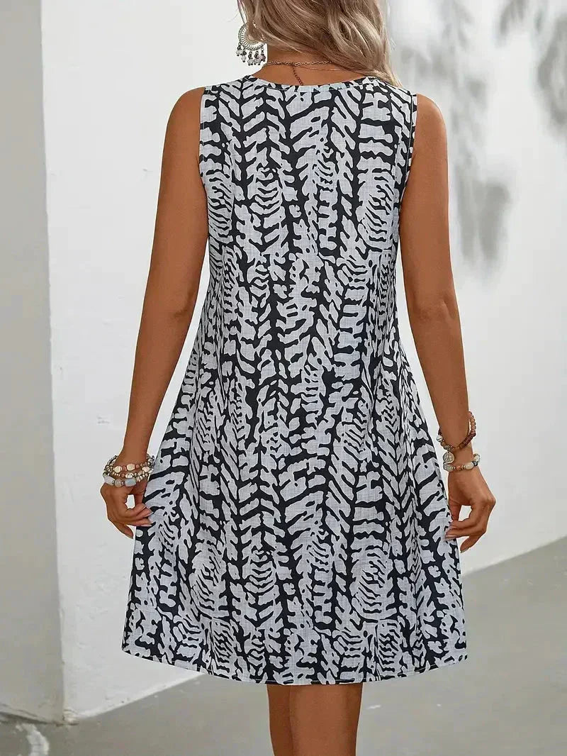 Abstract Print Sleeveless Swing Dress – Keyhole Neck Summer Dress