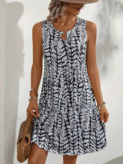 Abstract Print Sleeveless Swing Dress – Keyhole Neck Summer Dress