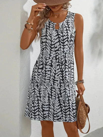 Abstract Print Sleeveless Swing Dress – Keyhole Neck Summer Dress
