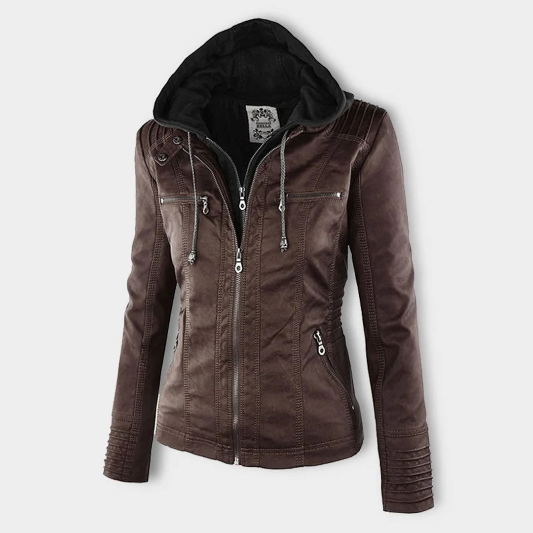 Faux Leather Moto Jacket Women – Removable Hood Zip-Up Biker Jacket