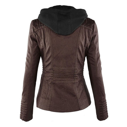 Faux Leather Moto Jacket Women – Removable Hood Zip-Up Biker Jacket